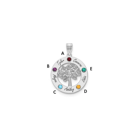 10KW Family Tree in Circle 5 Names and Birthstones w/ 14k Bezel Pendant