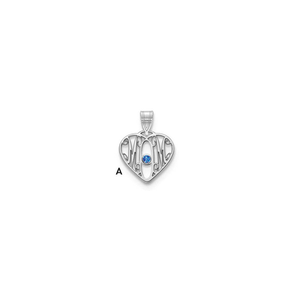 10KW MOM in Heart 1 Birthstone w/18k Rhodium Plated Bezel Pendant