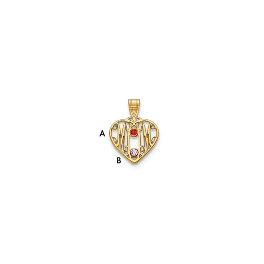 10KY MOM in Heart 2 Birthstones w/14k Bezel Pendant