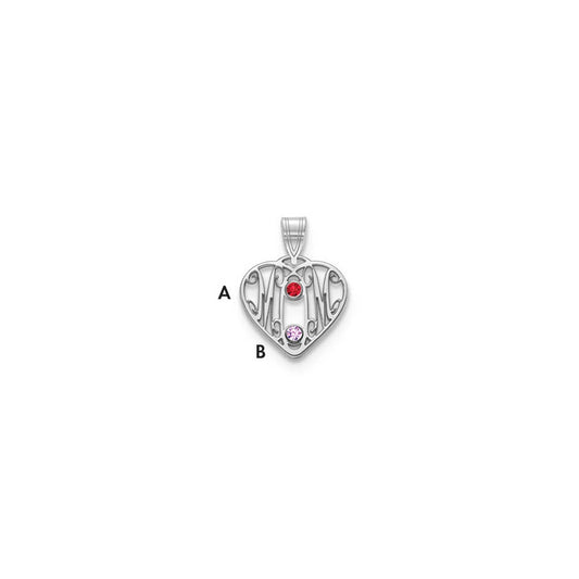 10KW MOM in Heart 2 Birthstones w/18k Rhodium Plated Bezel Pendant