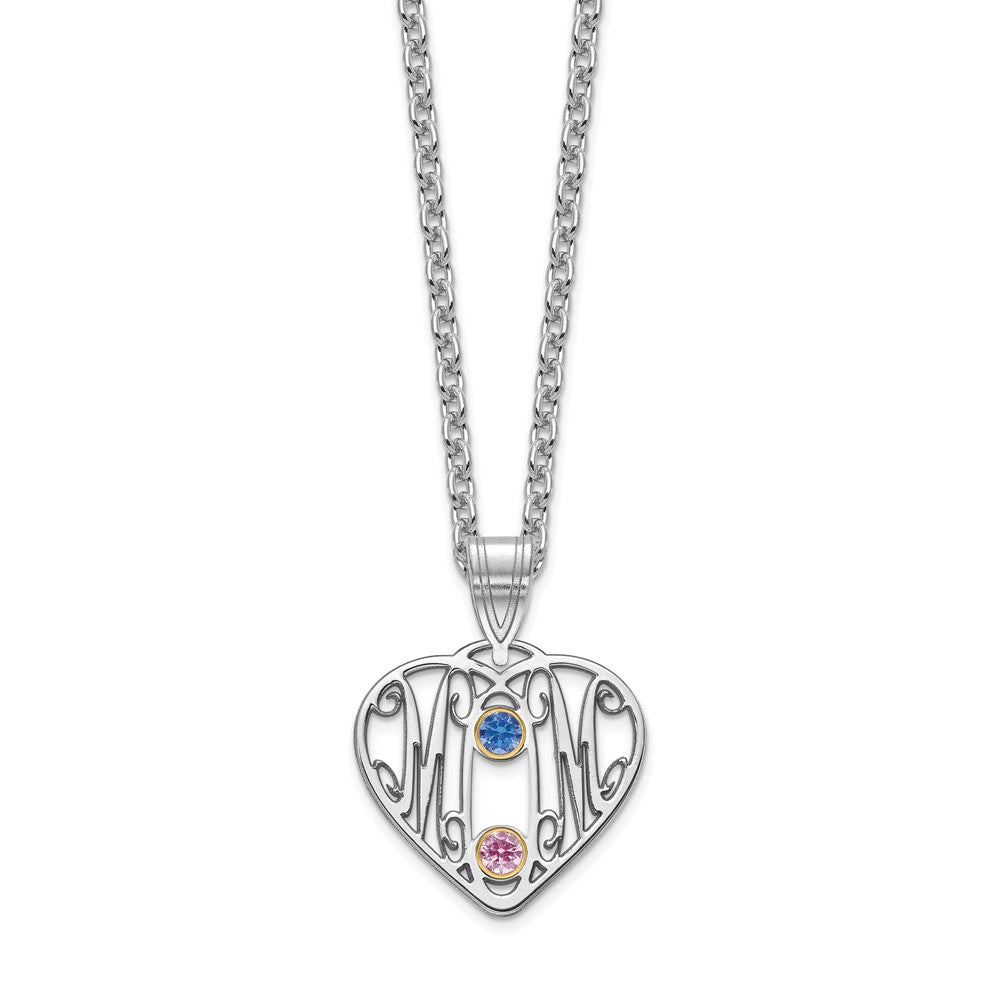 10KW MOM in Heart 2 Birthstones w/18k Rhodium Plated Bezel Pendant
