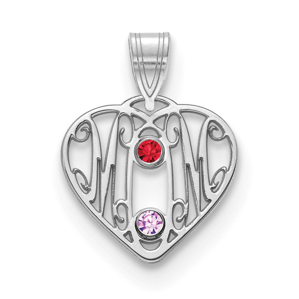 10KW MOM in Heart 2 Birthstones w/18k Rhodium Plated Bezel Pendant