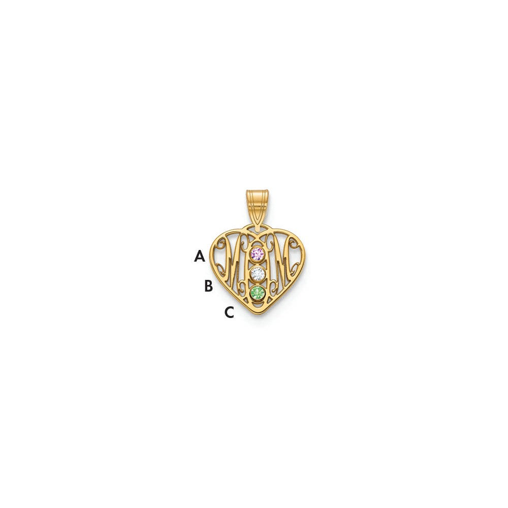 10KY MOM in Heart 3 Birthstones w/14k Bezel Pendant