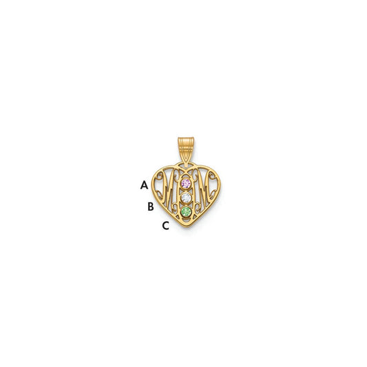 10KY MOM in Heart 3 Birthstones w/14k Bezel Pendant