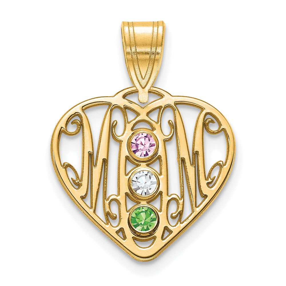 10KY MOM in Heart 3 Birthstones w/14k Bezel Pendant