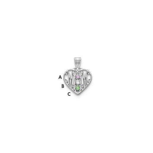 10KW MOM in Heart 3 Birthstones w/18k Rhodium Plated Bezel Pendant