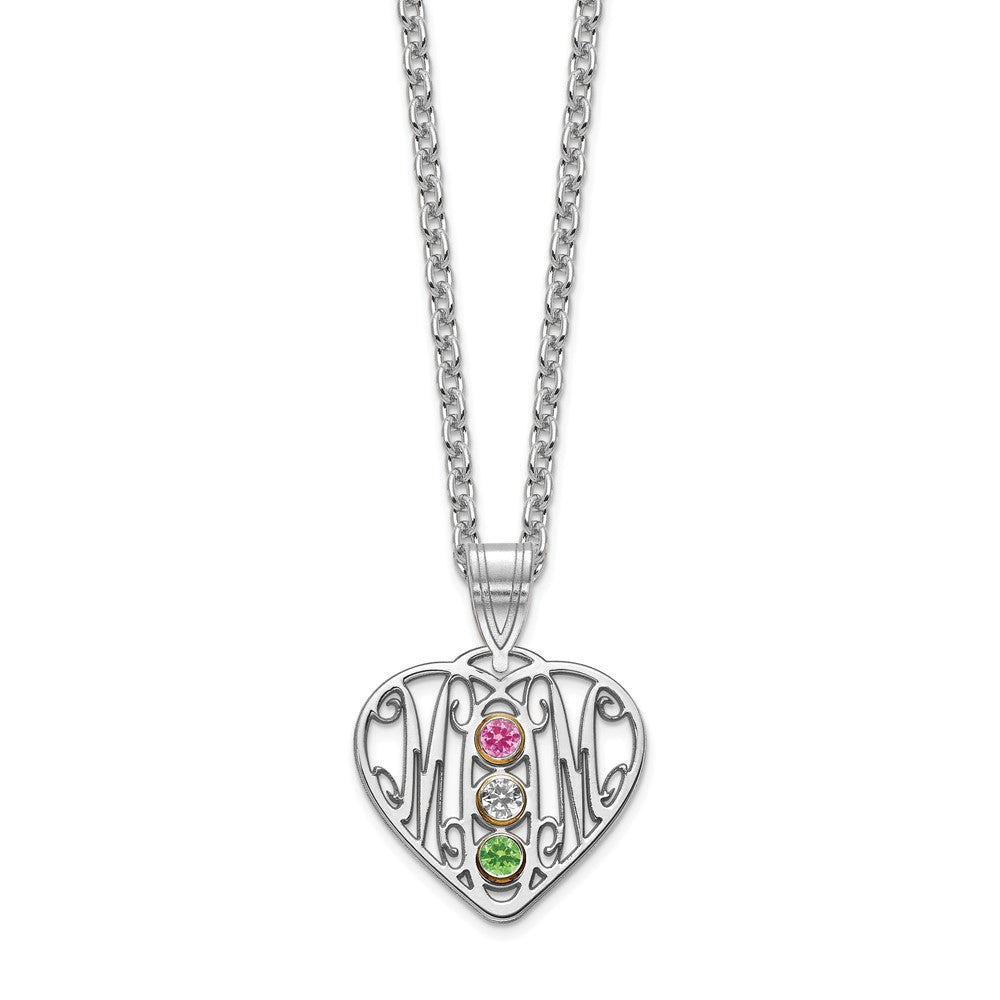 10KW MOM in Heart 3 Birthstones w/18k Rhodium Plated Bezel Pendant
