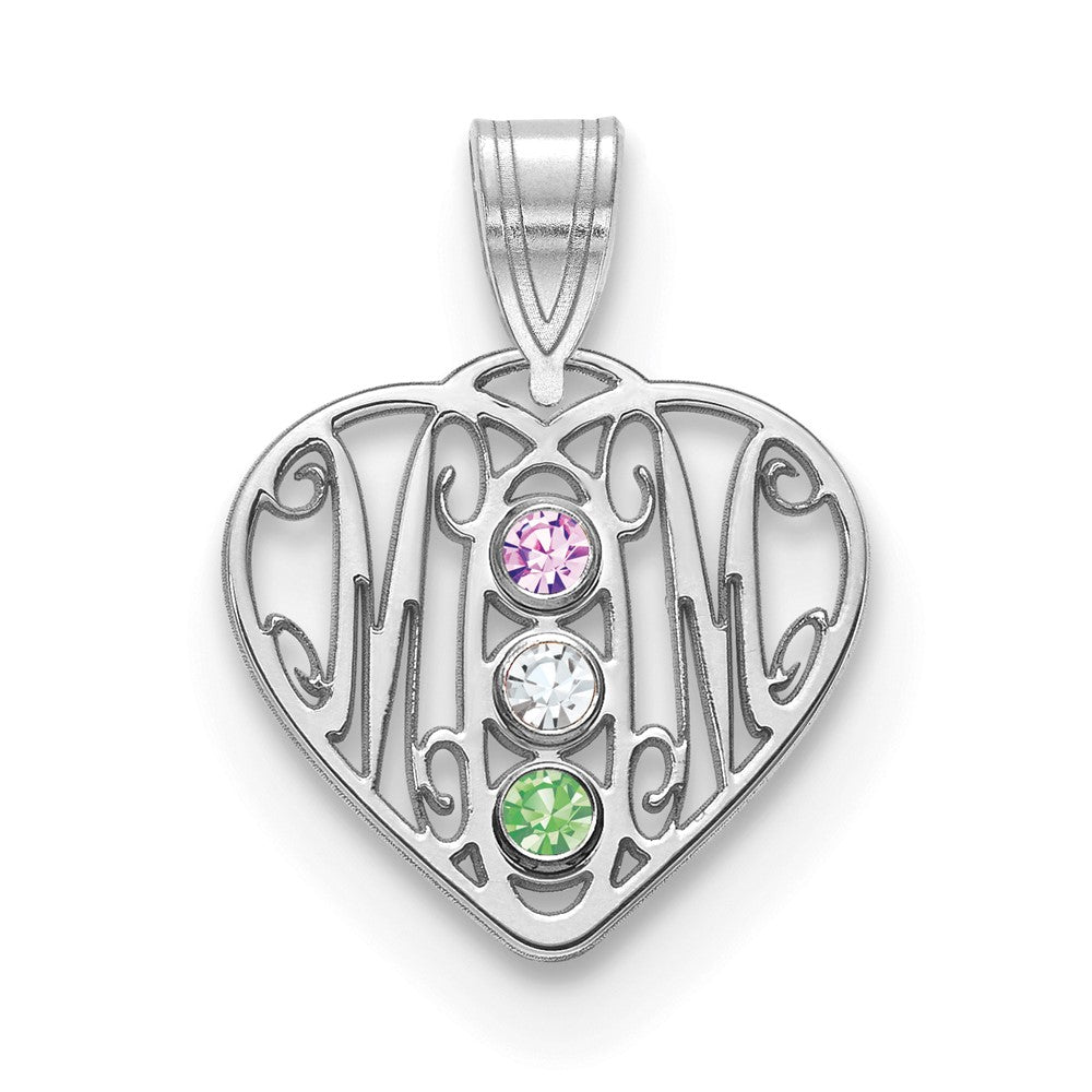 10KW MOM in Heart 3 Birthstones w/18k Rhodium Plated Bezel Pendant
