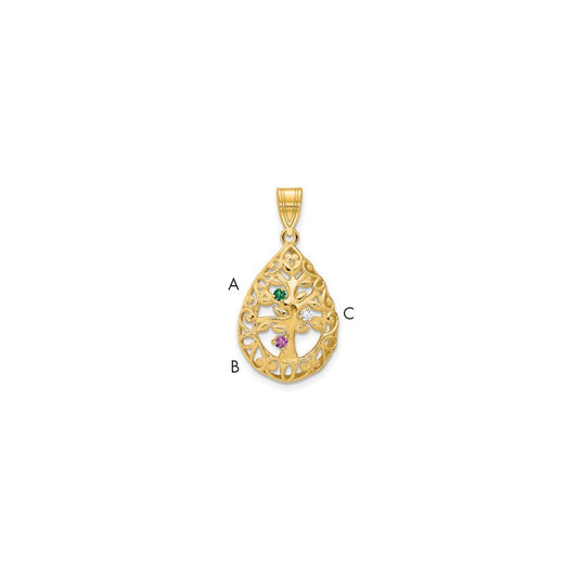 10KY 3 Birthstone Tree of Life Tear Drop Pendant