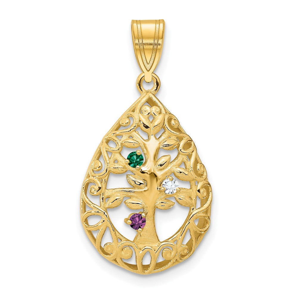 10KY 3 Birthstone Tree of Life Tear Drop Pendant