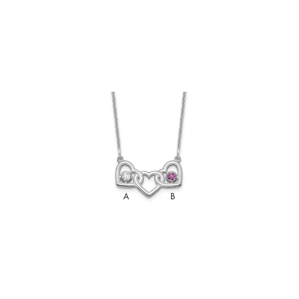 14KW 3 Hearts 2 Birthstones w/ 18k Rhodium Plated Bezels Necklace