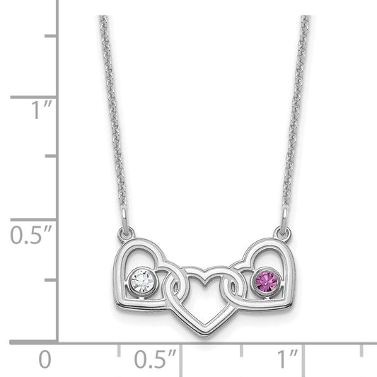 14KW 3 Hearts 2 Birthstones w/ 18k Rhodium Plated Bezels Necklace