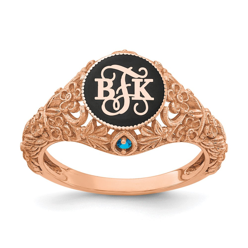 14k Rose Gold Filigree w/Epoxy and Birthstone Monogram Ring