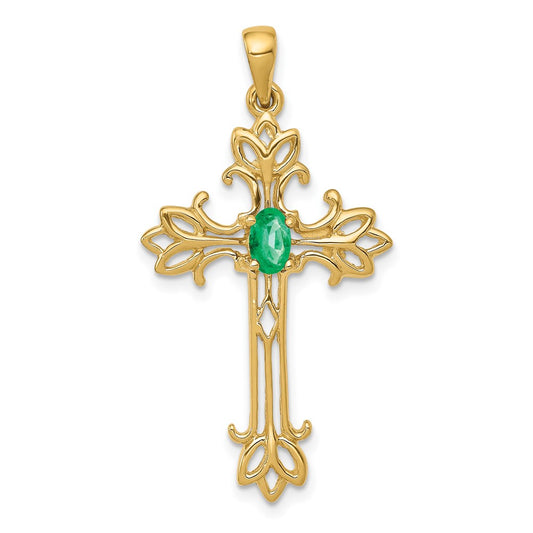14k 5x3mm Oval Emerald cross pendant