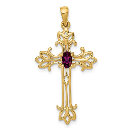 14k 5x3mm Oval Rhodolite Garnet cross pendant