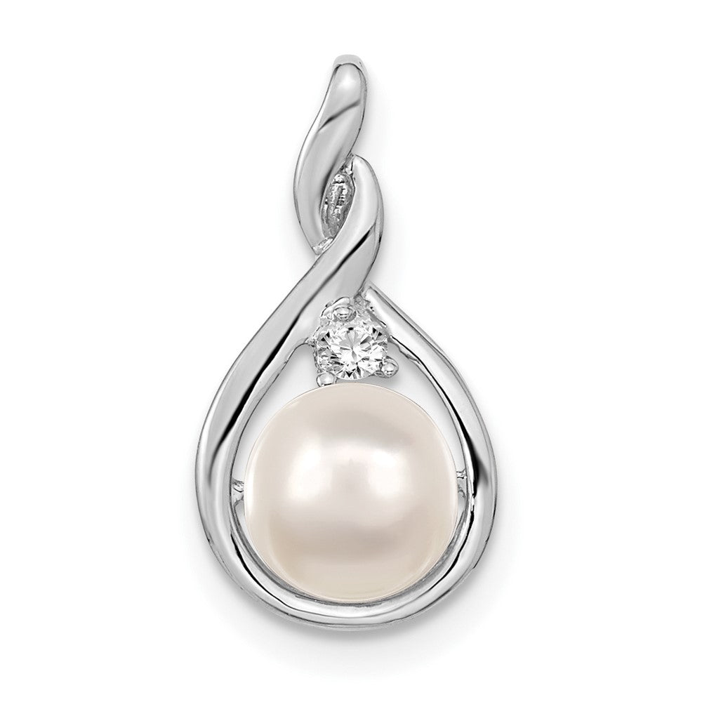 14k White Gold 7mm Whtie Round FW Cultured Pearl VS Diamond Pendant
