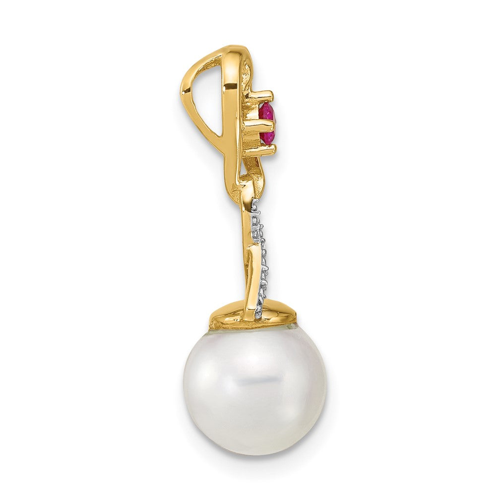 14k Diamond 8-9mm Round FWC Pearl Lab Cr. Ruby Chain Slide