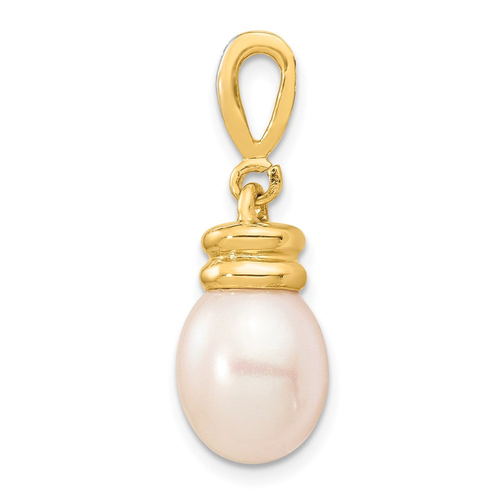 14K 9-10mm White Rice Freshwater Cultured Pearl .06tw Diamond Pendant