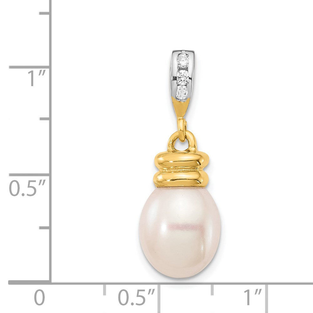 14K 9-10mm White Rice Freshwater Cultured Pearl .06tw Diamond Pendant