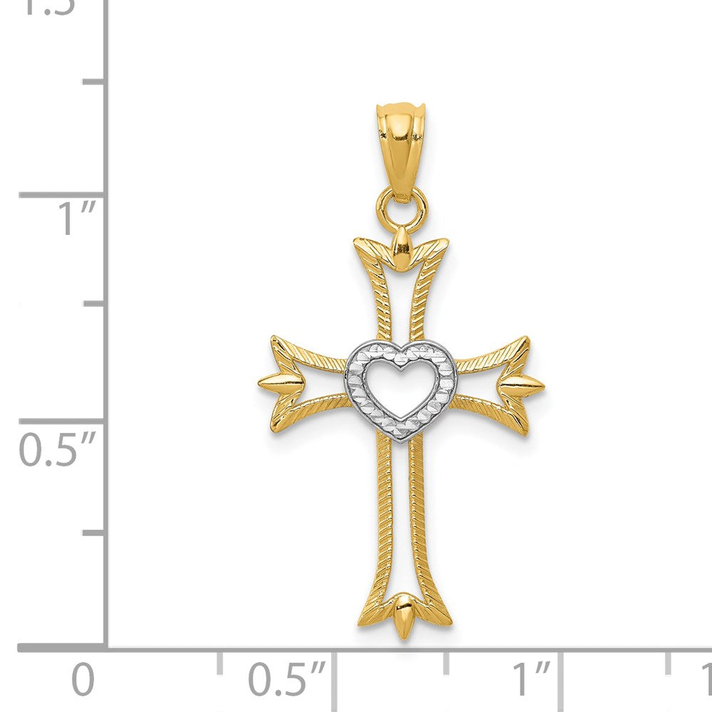 14K w/Rhodium Diamond Cut Cross With Heart Pendant