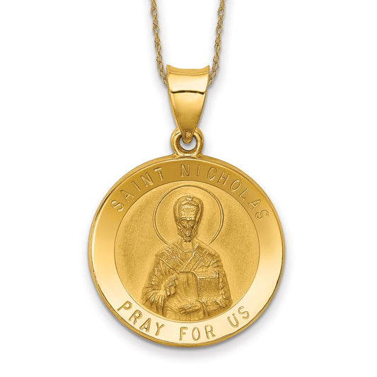 14k Polished and Satin St. Nicholas Medal Pendant with 18 inch Chain