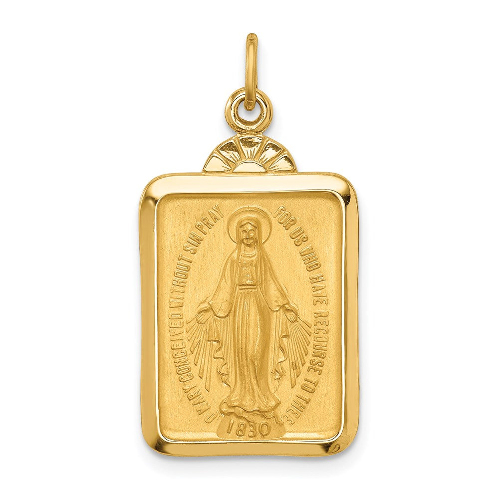 14k Solid Polished/Satin Rectangle w/Fan Top Virgin Mary Medal