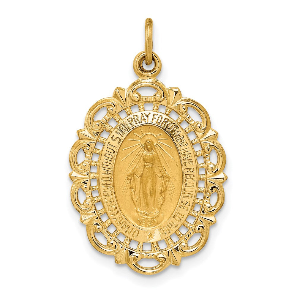 14K Solid Polished/Satin Fancy Pierced Oval Virgin Mary Medal