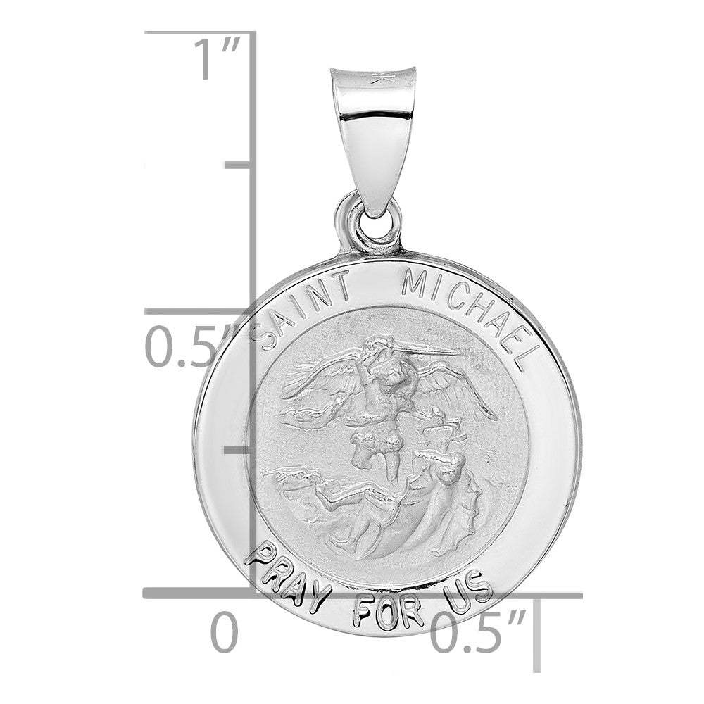 14k White Gold Polished and Satin Hollow St Michael Medal Pendant
