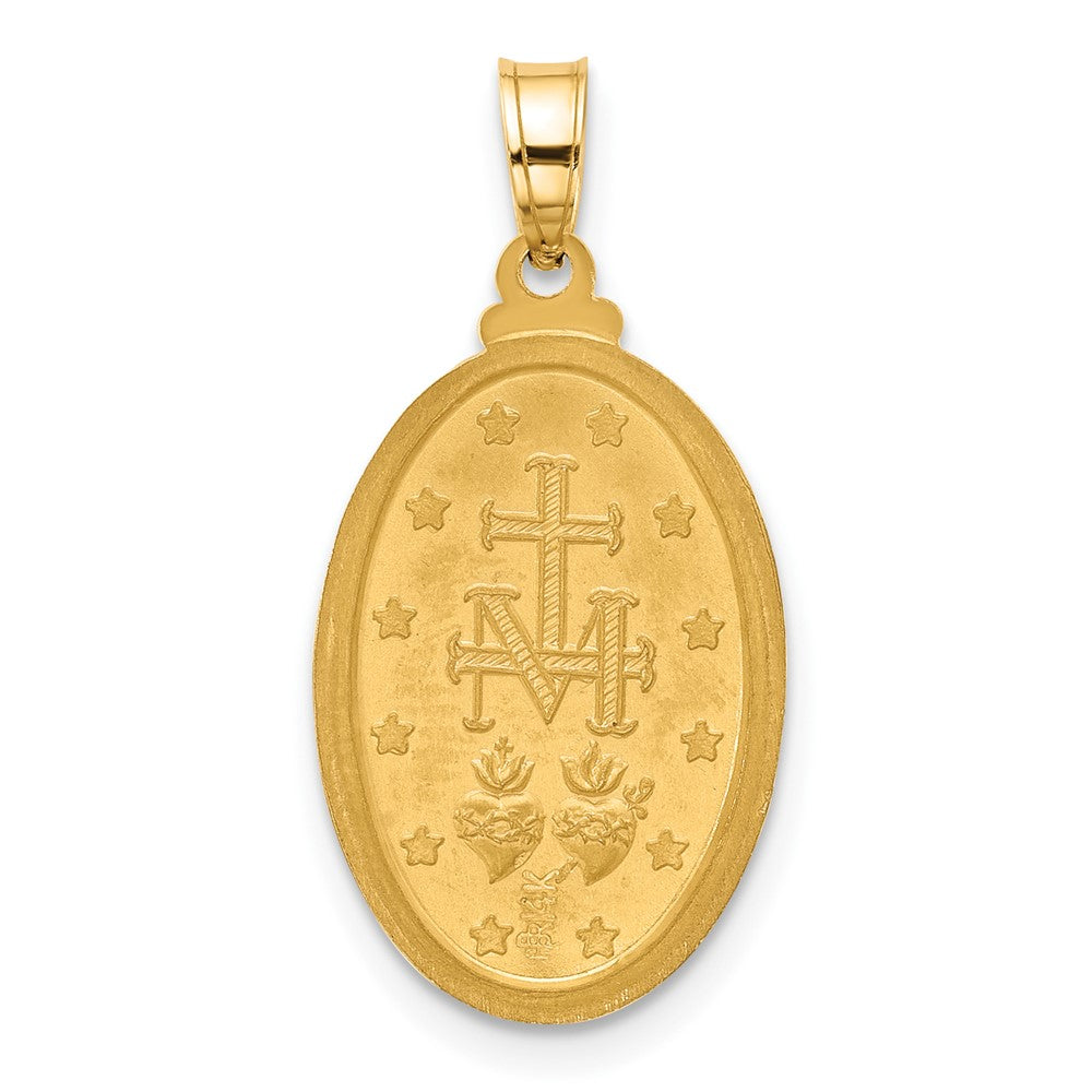 14K with Rhodium Satin and Polished Virgin Mary Medal Solid Oval Pendant