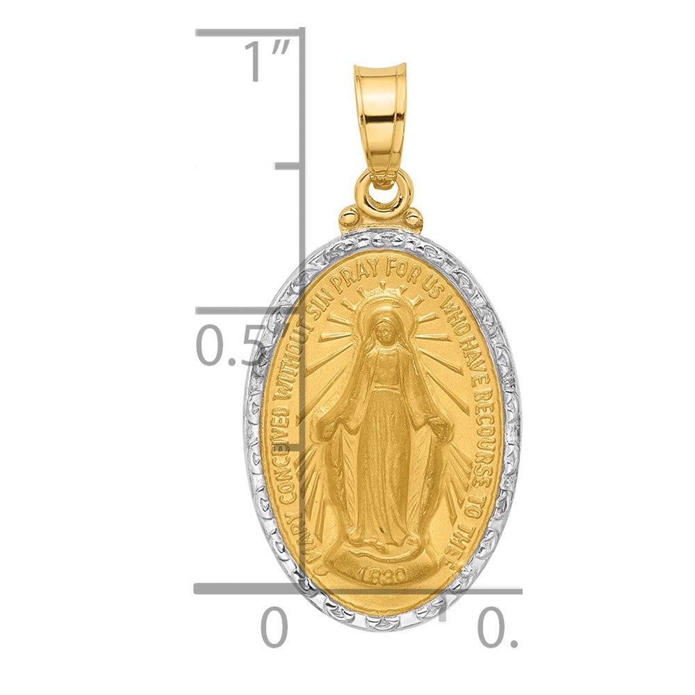 14K with Rhodium Satin and Polished Virgin Mary Medal Solid Oval Pendant