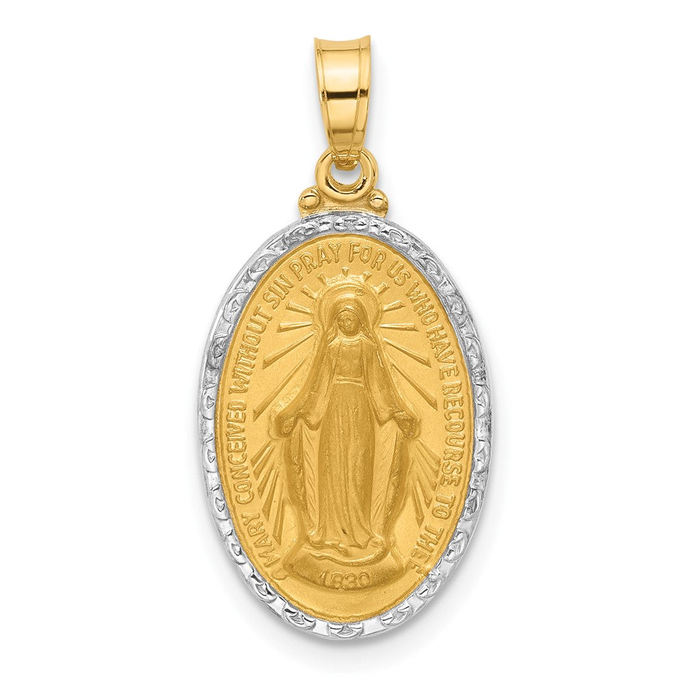 14K with Rhodium Satin and Polished Virgin Mary Medal Solid Oval Pendant