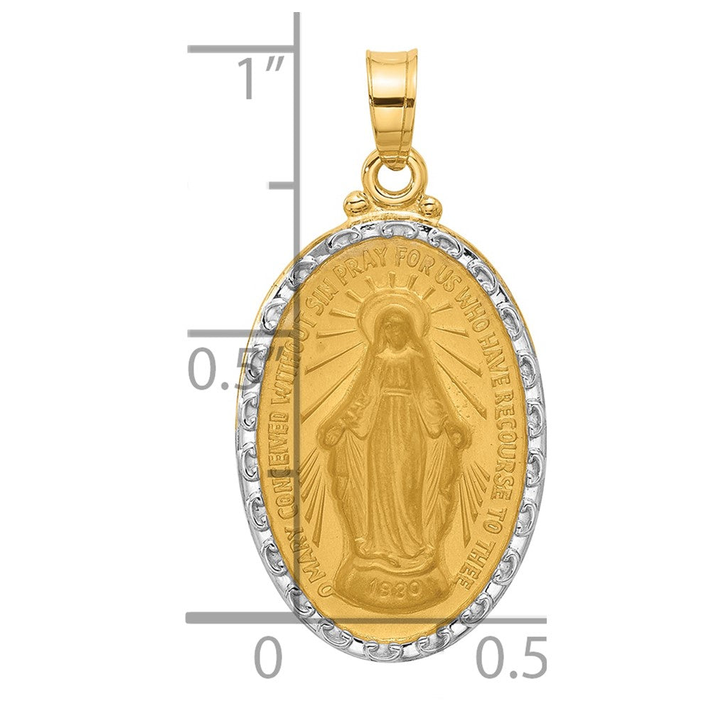 14K with Rhodium Satin and Polished Virgin Mary Medal Solid Oval Pendant