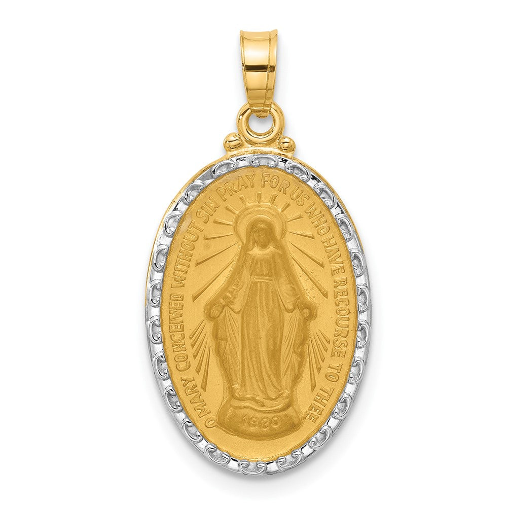 14K with Rhodium Satin and Polished Virgin Mary Medal Solid Oval Pendant