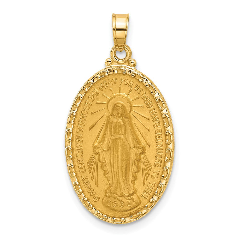 14k Satin and Polished Virgin Mary Medal Solid Oval Pendant