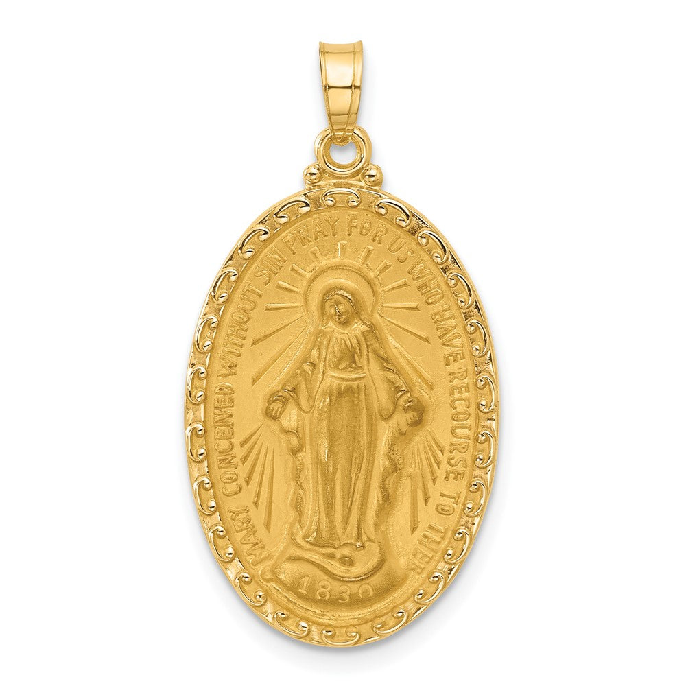 14k Satin and Polished Virgin Mary Medal Solid Oval Pendant