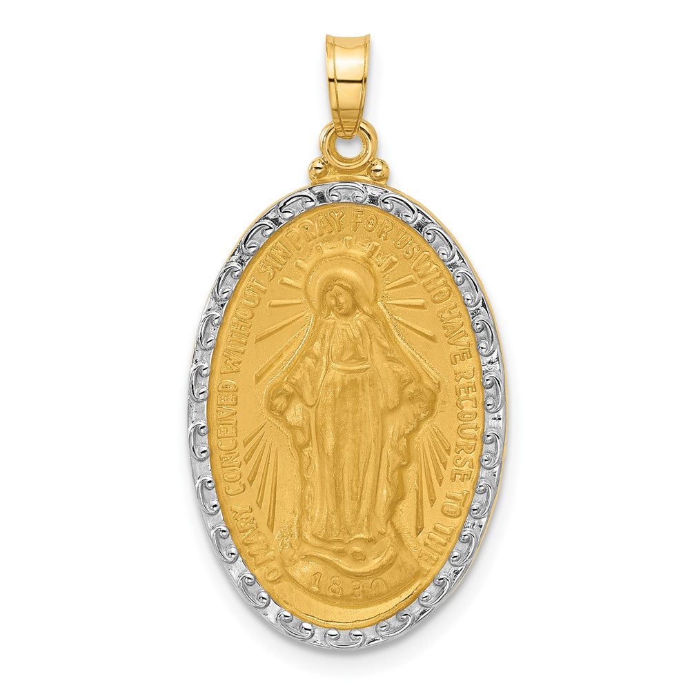 14K with Rhodium Satin and Polished Virgin Mary Medal Solid Oval Pendant