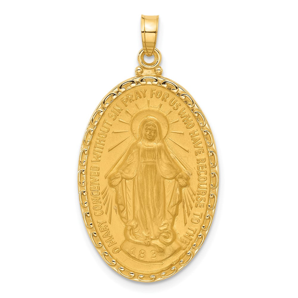14k Satin and Polished Virgin Mary Medal Solid Oval Pendant