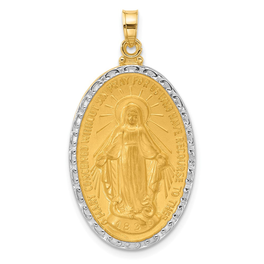 14K with Rhodium Satin and Polished Virgin Mary Medal Solid Oval Pendant