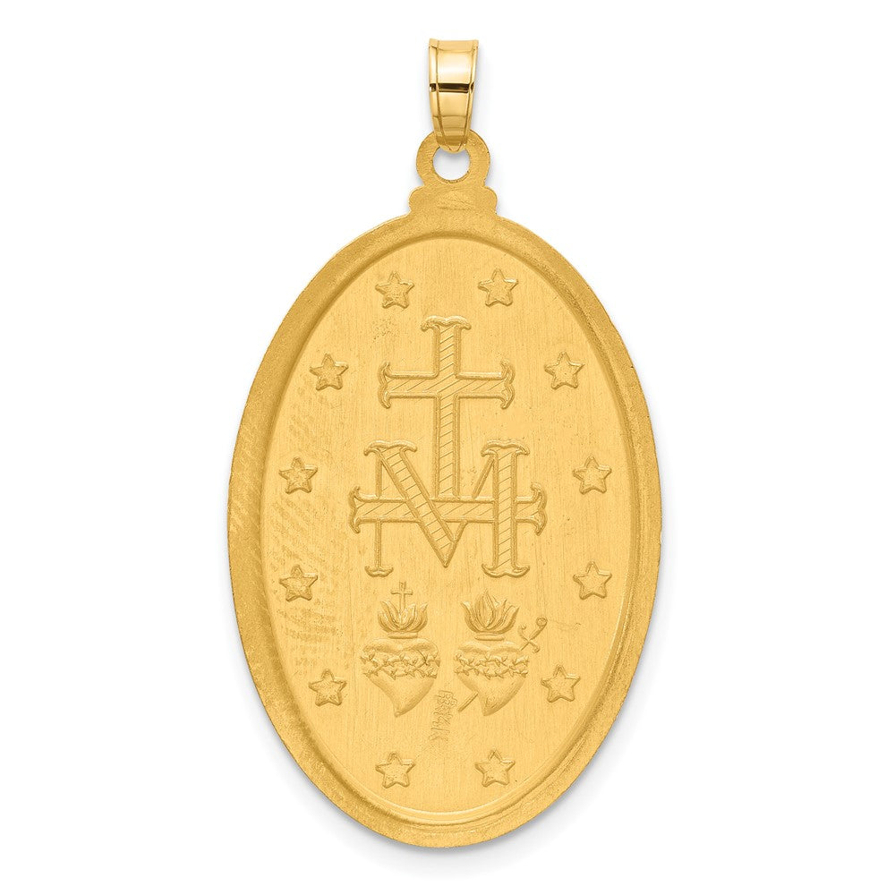 14K with Rhodium Satin and Polished Virgin Mary Medal Solid Oval Pendant