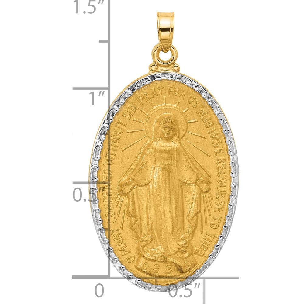 14K with Rhodium Satin and Polished Virgin Mary Medal Solid Oval Pendant