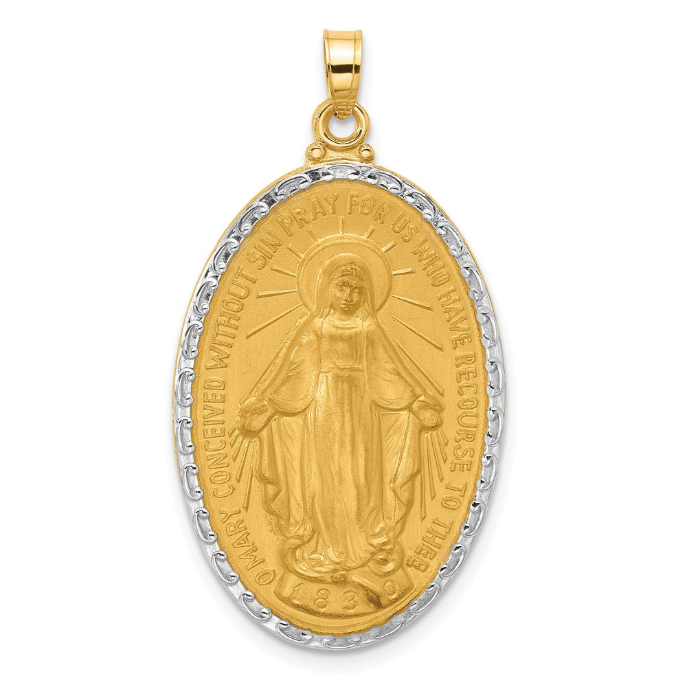 14K with Rhodium Satin and Polished Virgin Mary Medal Solid Oval Pendant