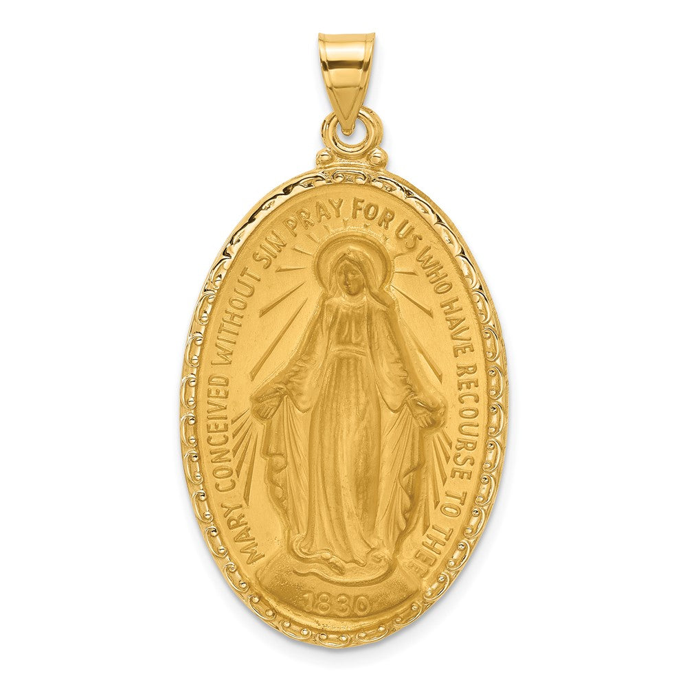 14k Satin and Polished Virgin Mary Medal Solid Oval Pendant