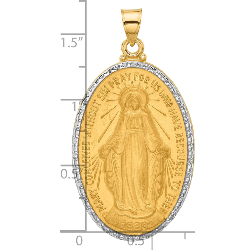 14K with Rhodium Satin and Polished Virgin Mary Medal Solid Oval Pendant