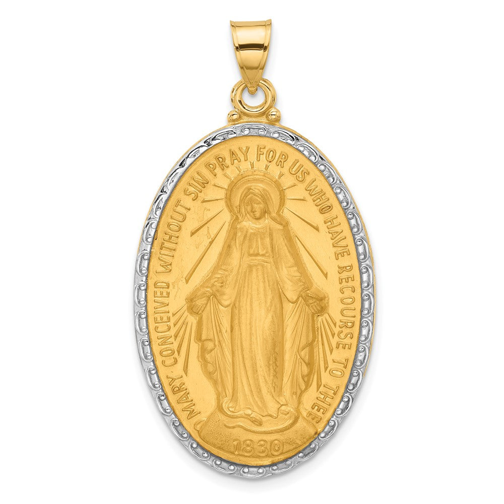14K with Rhodium Satin and Polished Virgin Mary Medal Solid Oval Pendant