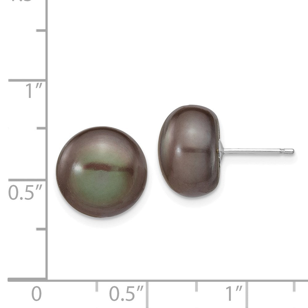 14k White Gold 11-12mm Black Button Freshwater Cultured Pearl Stud Post Earrings