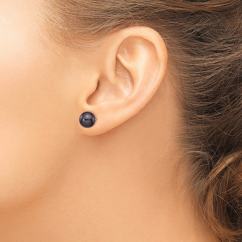 14k White Gold 8-9mm Black Round Freshwater Cultured Pearl Stud Post Earrings