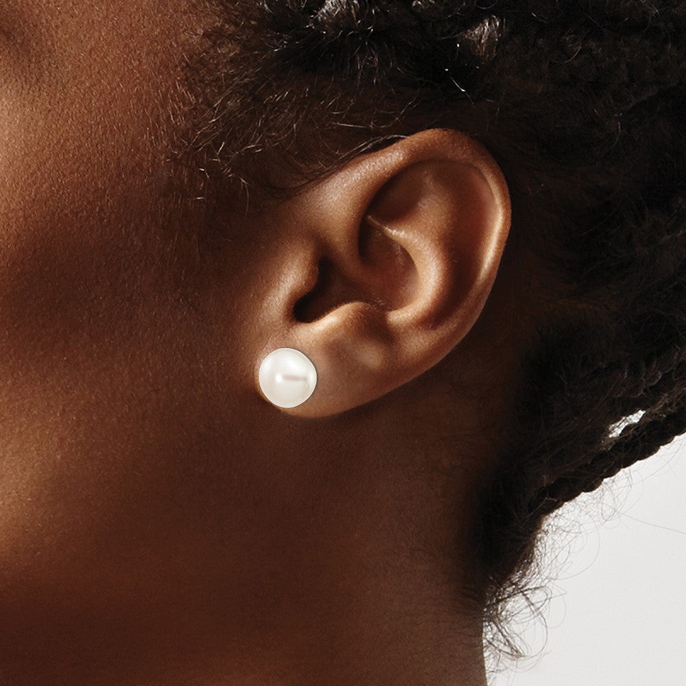 14k White Gold 9-10mm White Button Freshwater Cultured Pearl Stud Post Earrings