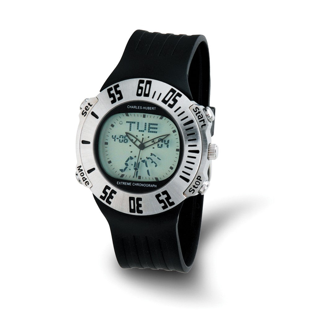 Mens Charles Hubert Rubber Band Silver Digital Dial Chronograph Watch