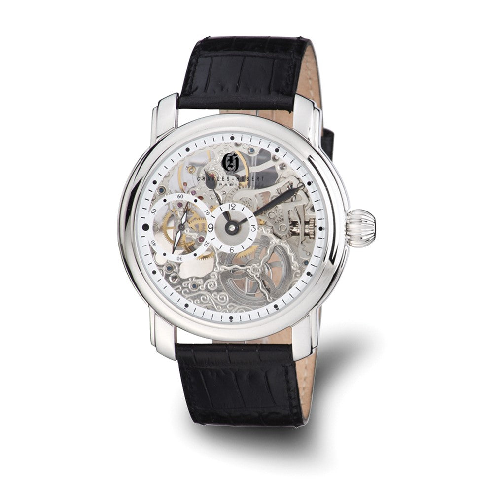 Mens Charles Hubert Leather Band Skeleton Dial Watch