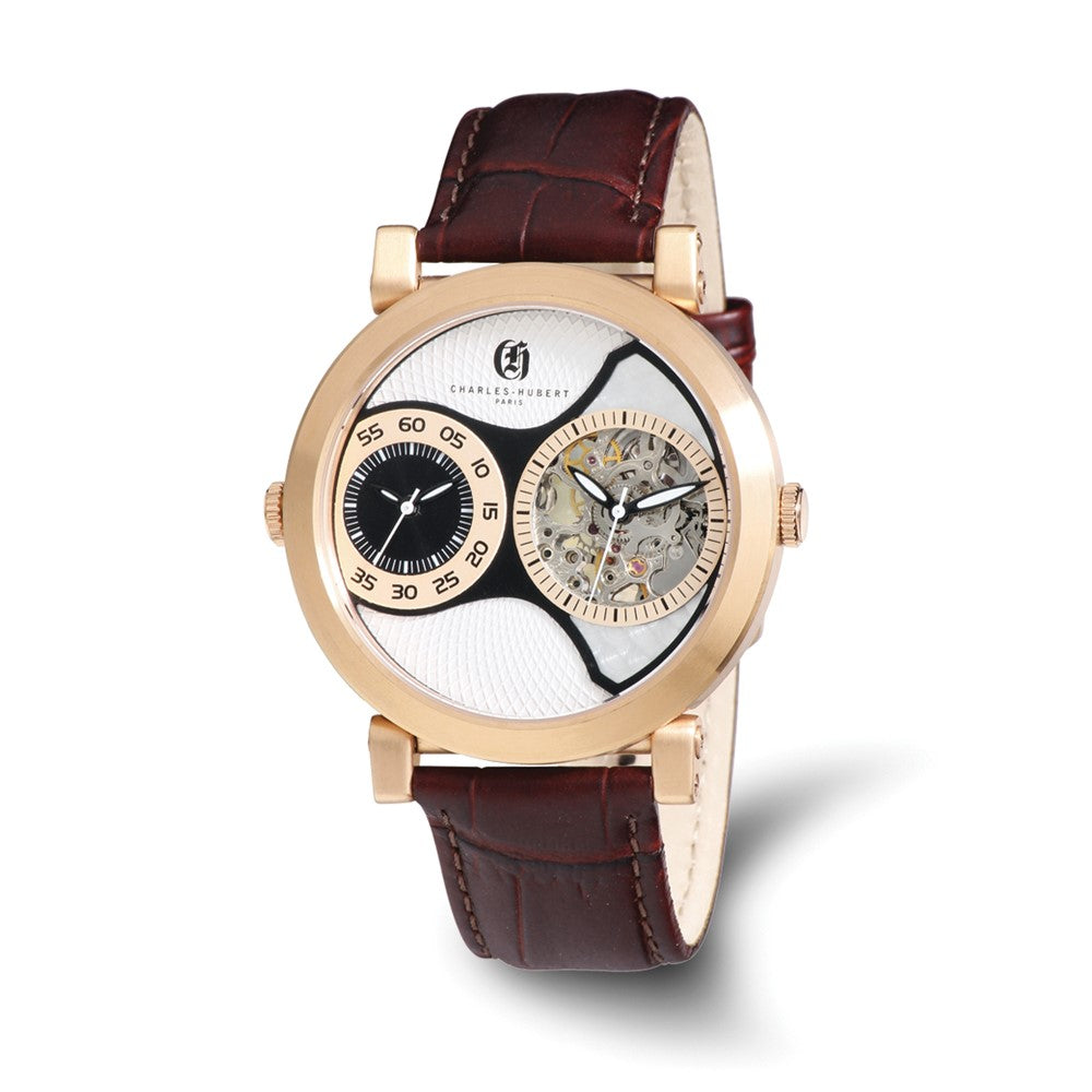 Mens Charles Hubert Rose IP-plated Leather Band 46mm Dual Time Watch